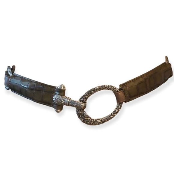 Brighton Sz 30 Khaki Silver Croc Leather Hook Belt - Picture 1 of 10